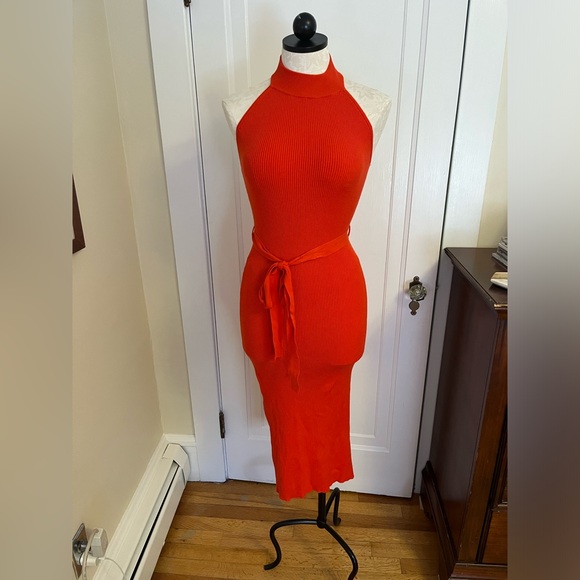 Lulus Flirty Sunshine Red Ribbed Halter Midi Sweater Dress - Size XS - Picture 1 of 6
